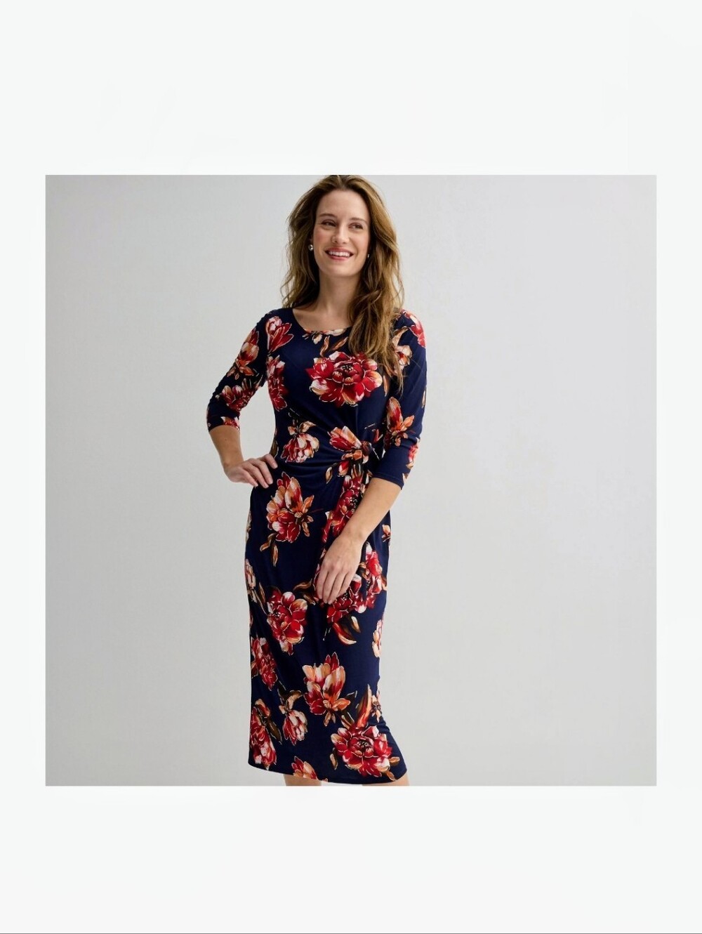 Navy Floral Midi Dress with Twist Waist
